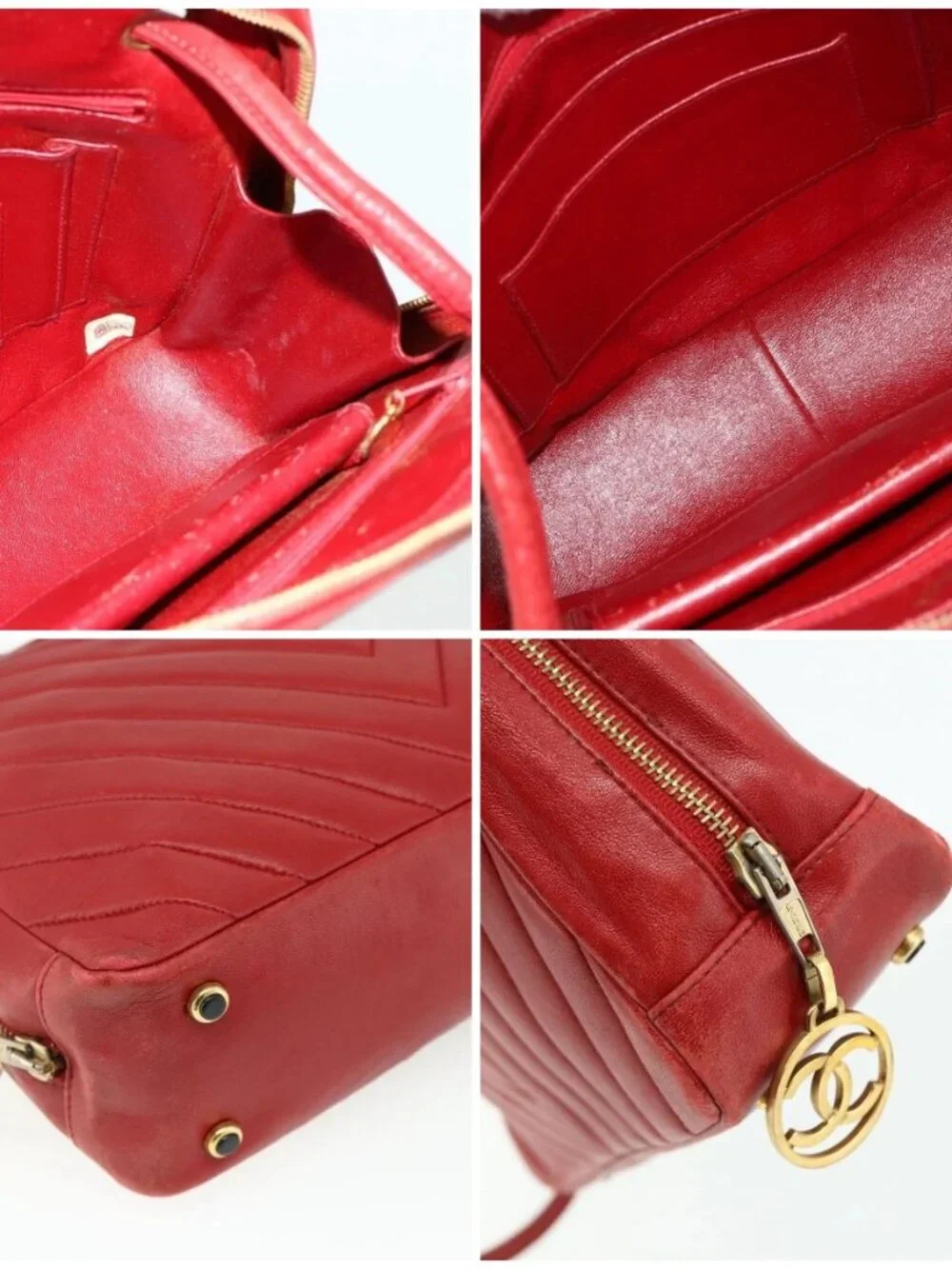 CHANEL V Stitch Shoulder Bag Lamb Skin Gold Red CC Auth mr2345